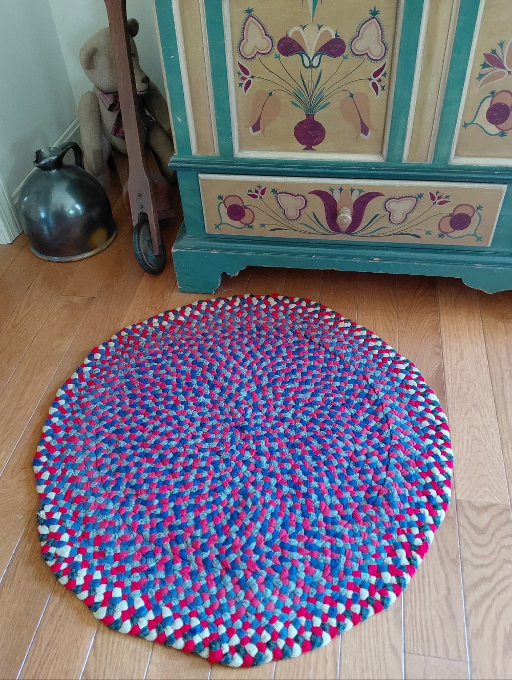 Antique pre 1920s family owned handmade round red & blue braided rag rug - 29